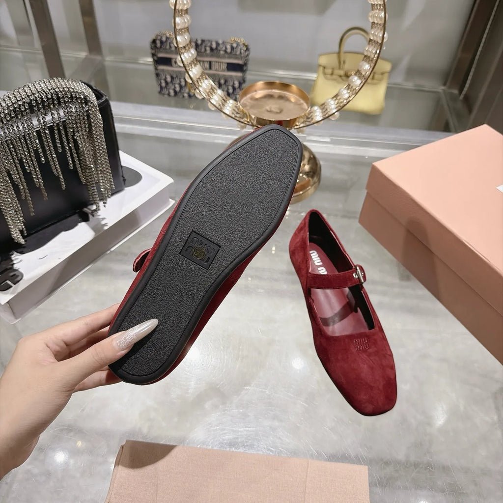 Miu Miu Women's Square Toe Mary Jane Flats Suede Sheepskin 2026