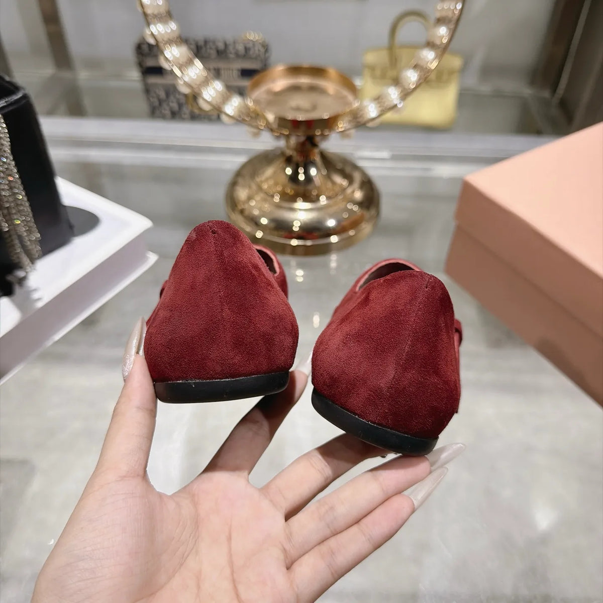 Miu Miu Women's Square Toe Mary Jane Flats Suede Sheepskin 2026