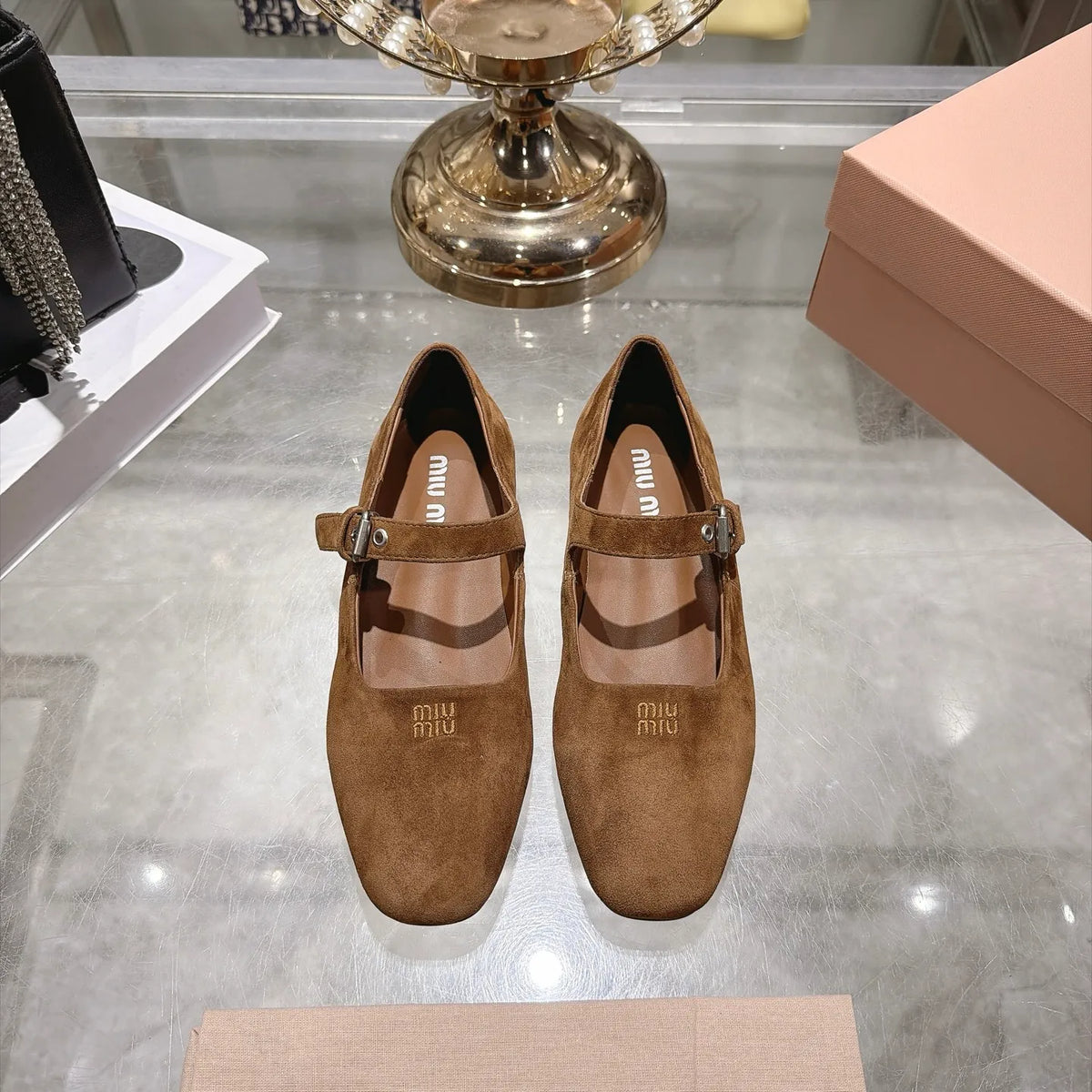 Miu Miu Women's Square Toe Mary Jane Flats Suede Sheepskin Rubber 2026