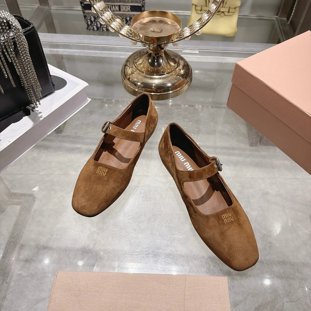 Miu Miu Women's Square Toe Mary Jane Flats Suede Sheepskin Rubber 2026