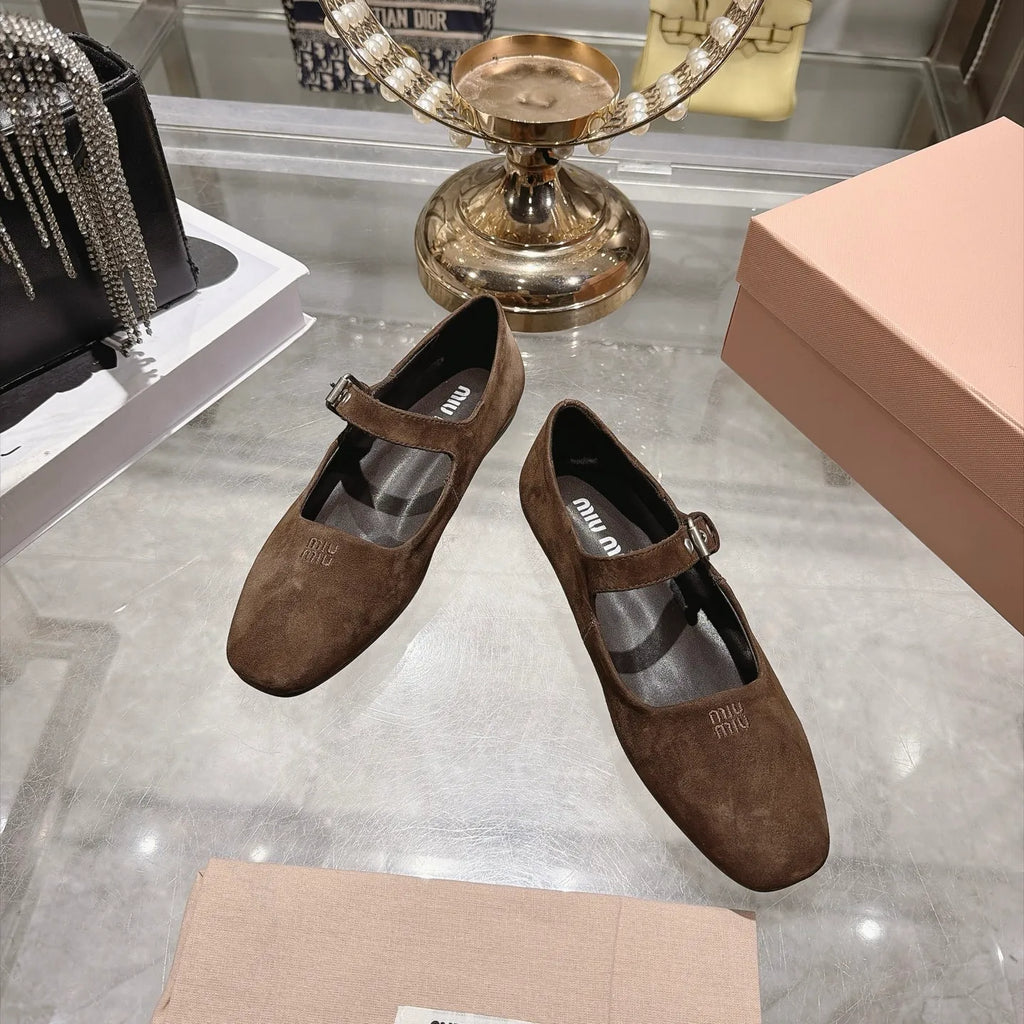 Miu Miu Women's Square Toe Mary Jane Flats Suede Sheepskin Rubber 2026