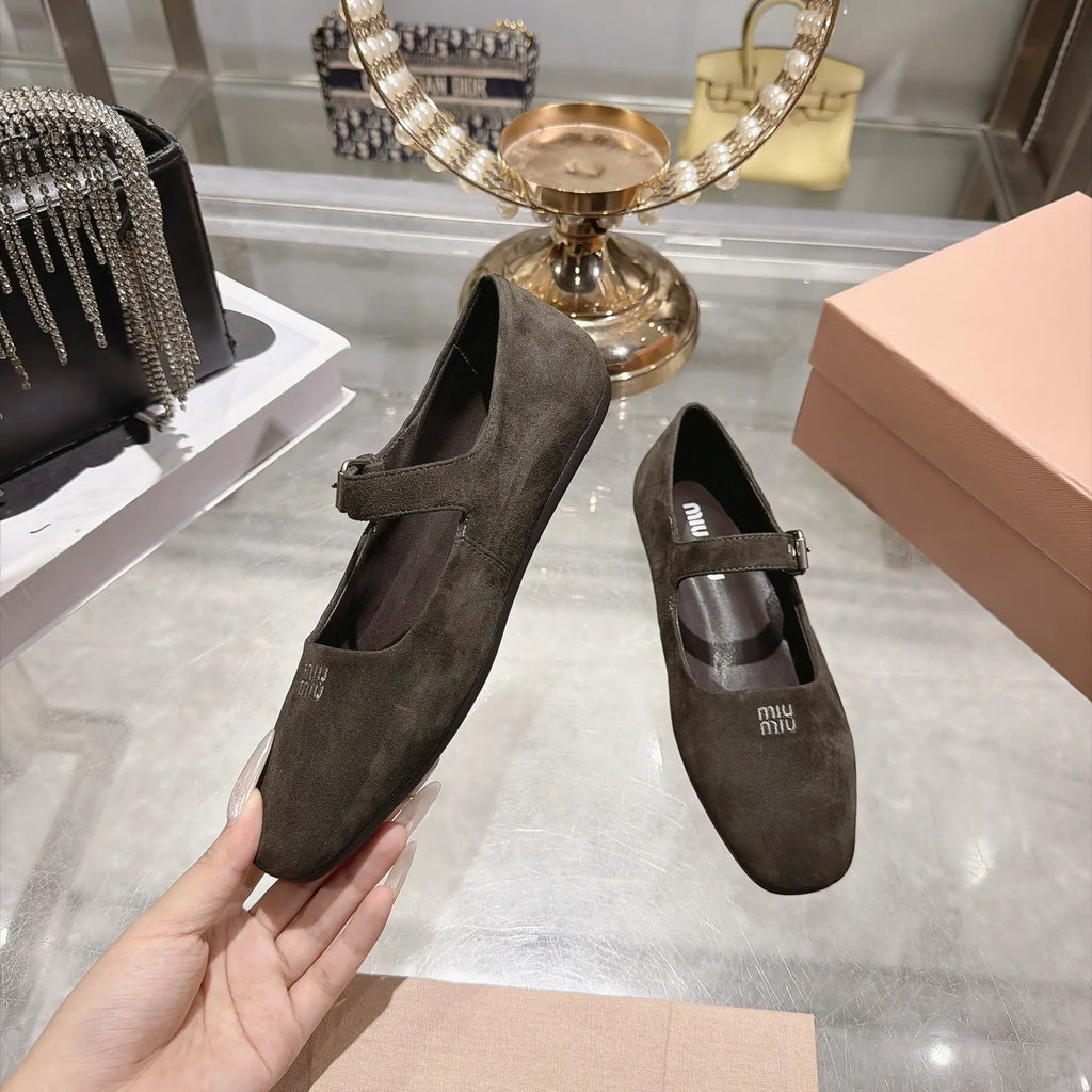 Miu Miu Women's Square Toe Mary Jane Flats Suede Sheepskin Rubber 2026
