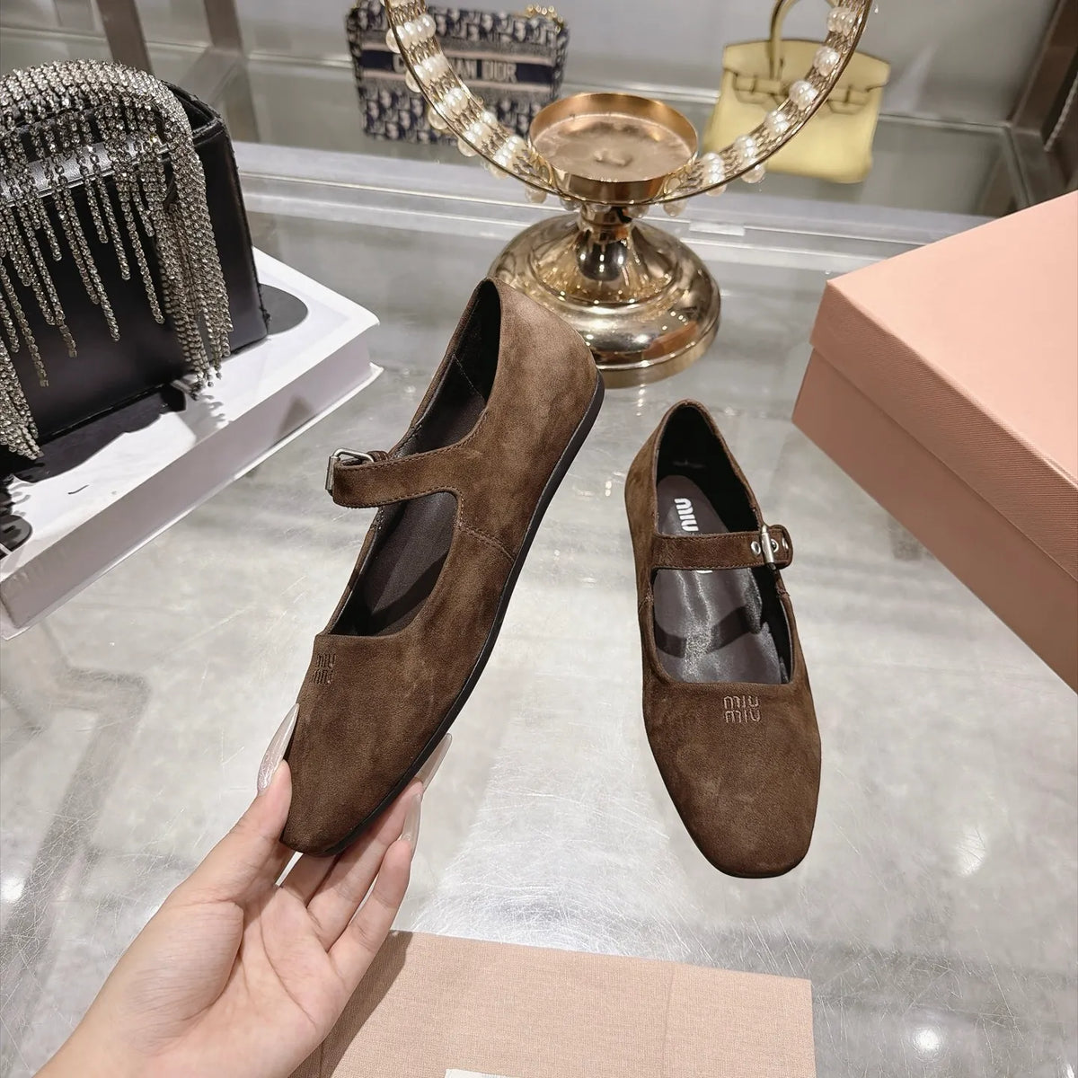 Miu Miu Women's Square Toe Mary Jane Flats Suede Sheepskin Rubber 2026