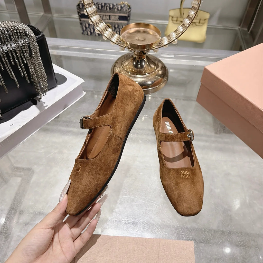 Miu Miu Women's Square Toe Mary Jane Flats Suede Sheepskin Rubber 2026