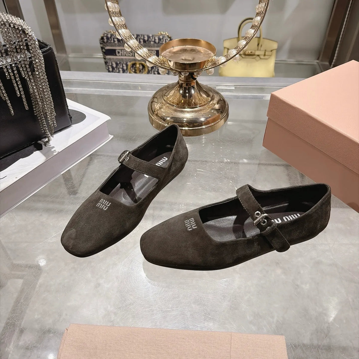Miu Miu Women's Square Toe Mary Jane Flats Suede Sheepskin Rubber 2026