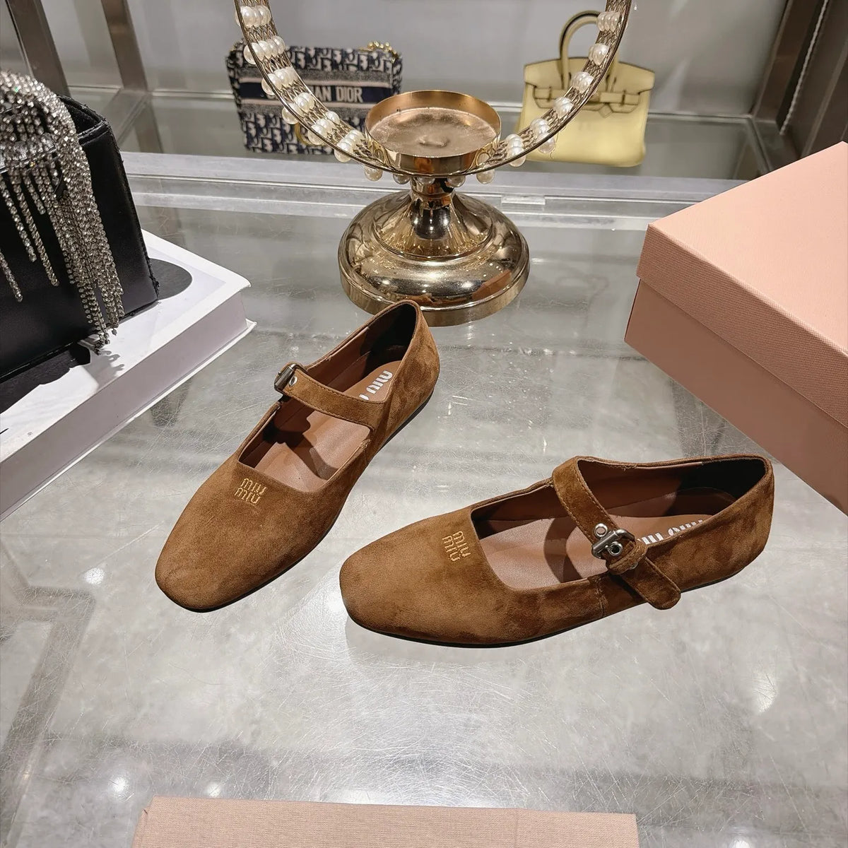 Miu Miu Women's Square Toe Mary Jane Flats Suede Sheepskin Rubber 2026