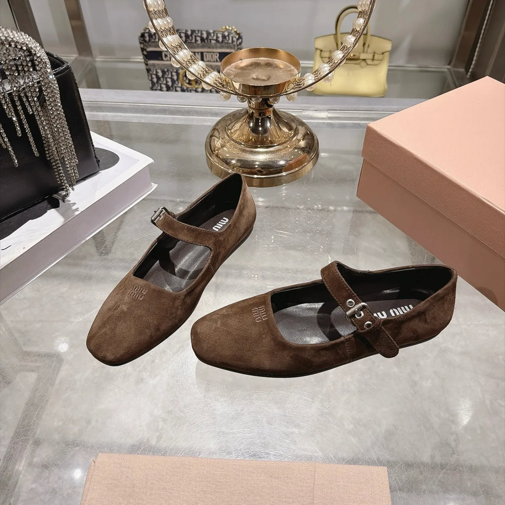 Miu Miu Women's Square Toe Mary Jane Flats Suede Sheepskin Rubber 2026