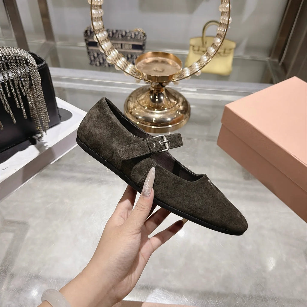 Miu Miu Women's Square Toe Mary Jane Flats Suede Sheepskin Rubber 2026
