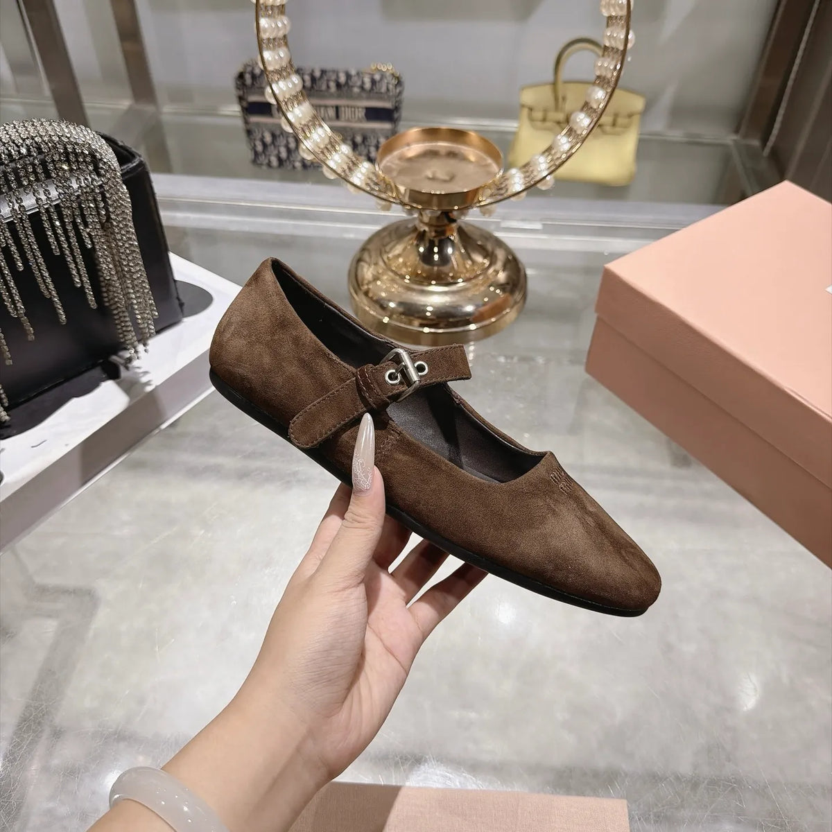 Miu Miu Women's Square Toe Mary Jane Flats Suede Sheepskin Rubber 2026