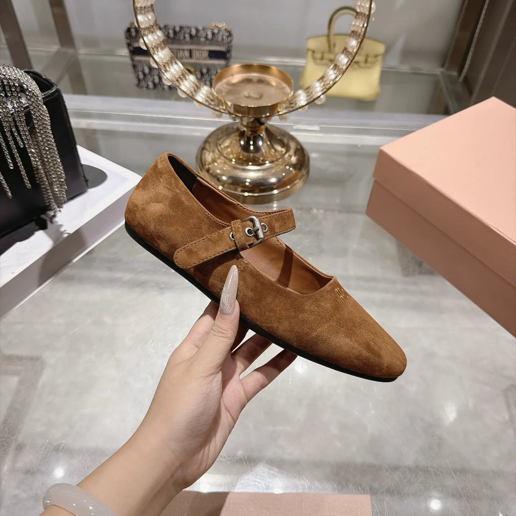 Miu Miu Women's Square Toe Mary Jane Flats Suede Sheepskin Rubber 2026