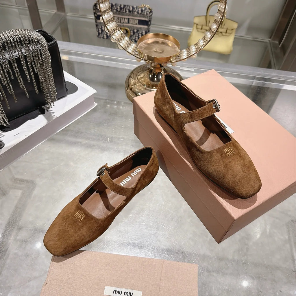 Miu Miu Women's Square Toe Mary Jane Flats Suede Sheepskin Rubber 2026