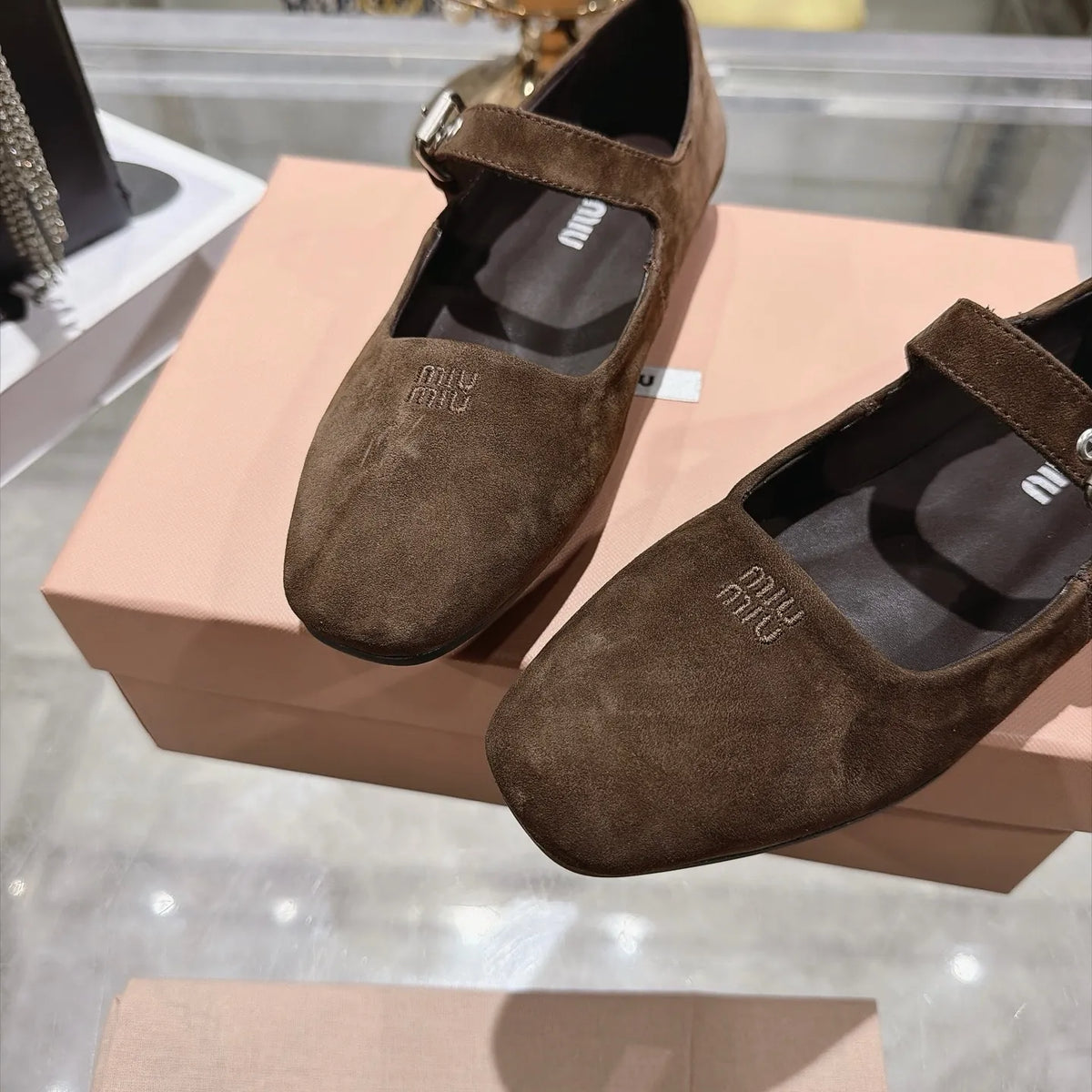 Miu Miu Women's Square Toe Mary Jane Flats Suede Sheepskin Rubber 2026