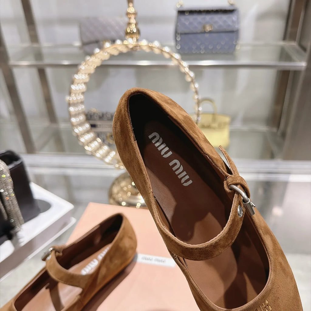 Miu Miu Women's Square Toe Mary Jane Flats Suede Sheepskin Rubber 2026