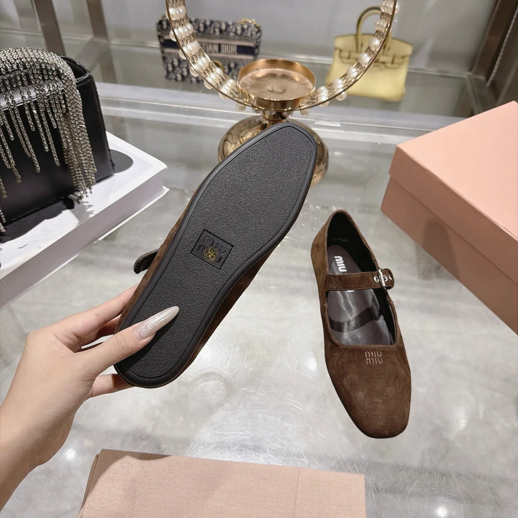 Miu Miu Women's Square Toe Mary Jane Flats Suede Sheepskin Rubber 2026