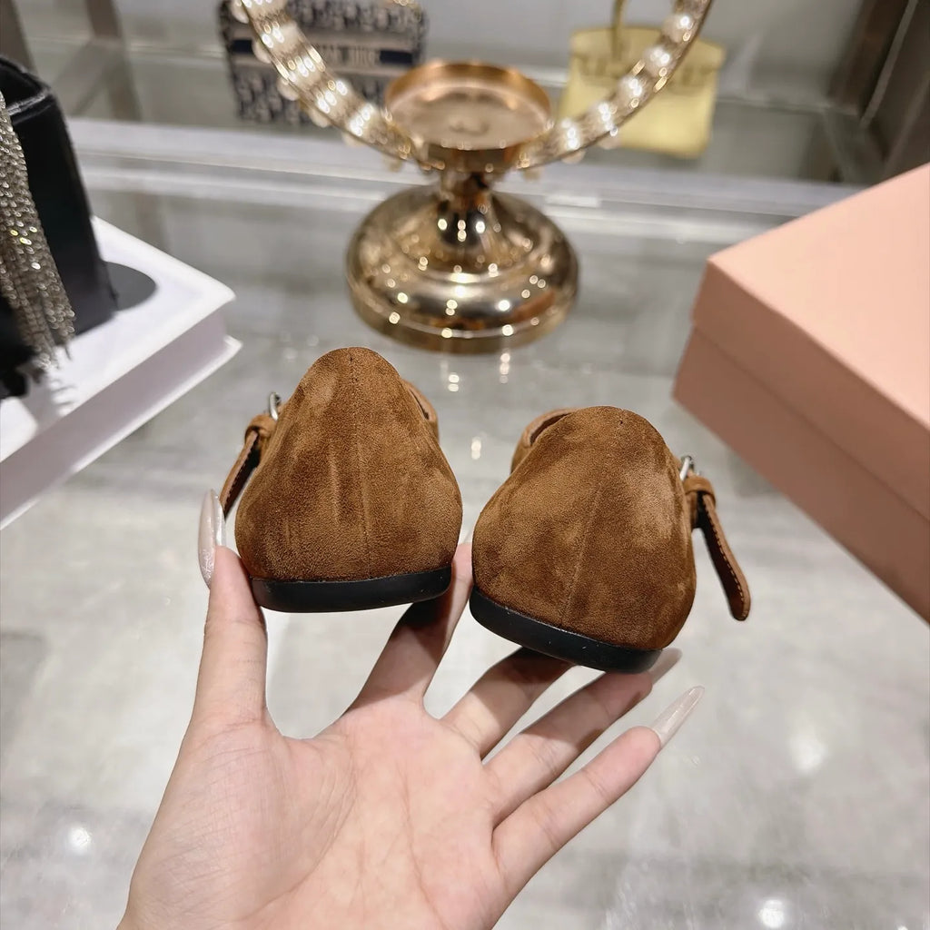Miu Miu Women's Square Toe Mary Jane Flats Suede Sheepskin Rubber 2026