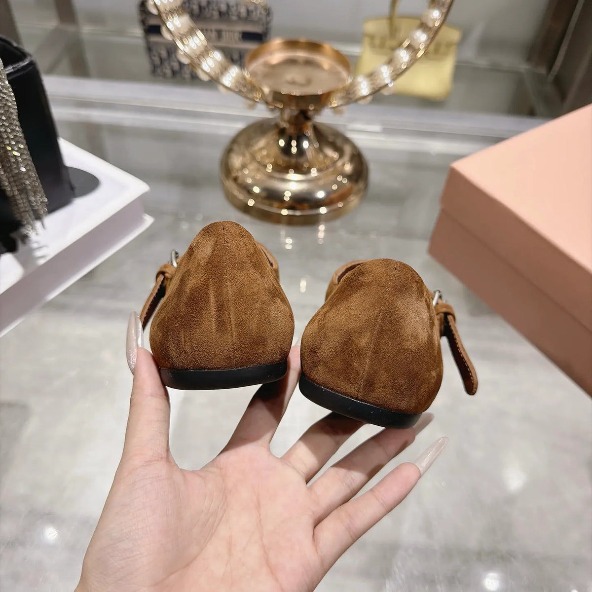 Miu Miu Women's Square Toe Mary Jane Flats Suede Sheepskin Rubber 2026
