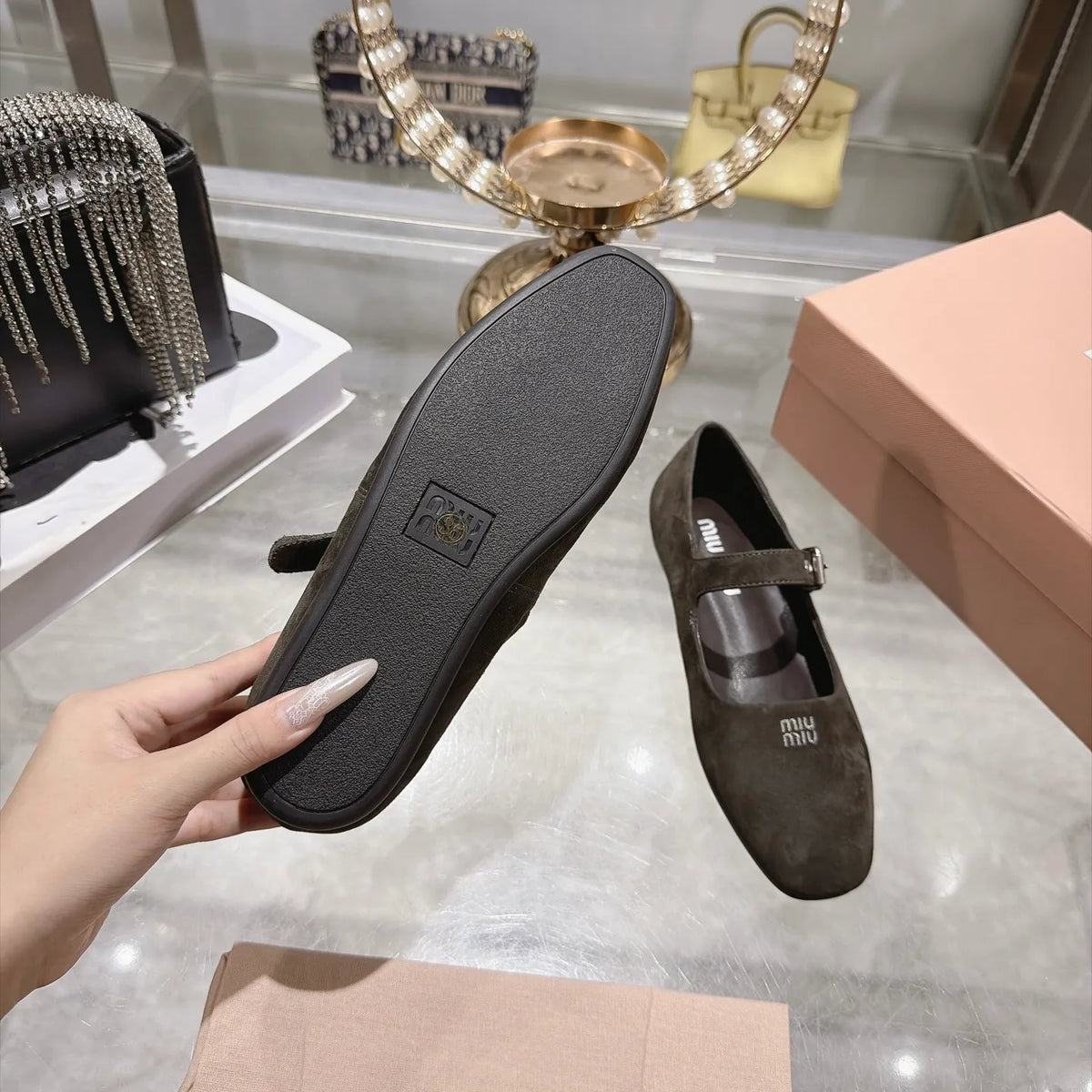 Miu Miu Women's Square Toe Mary Jane Flats Suede Sheepskin Rubber 2026