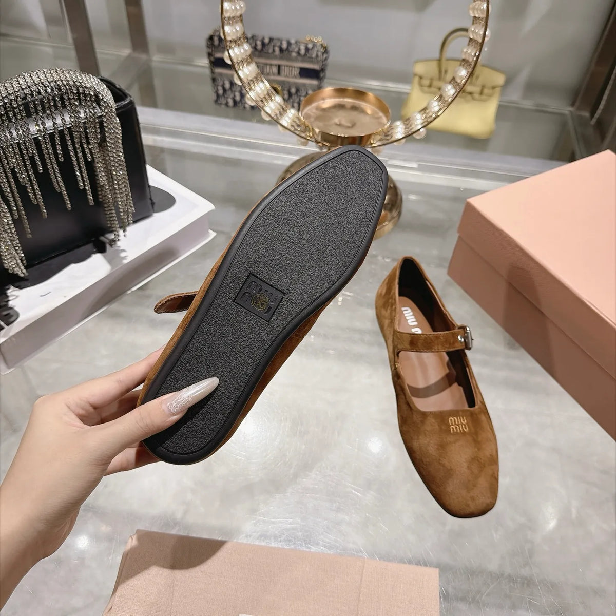 Miu Miu Women's Square Toe Mary Jane Flats Suede Sheepskin Rubber 2026