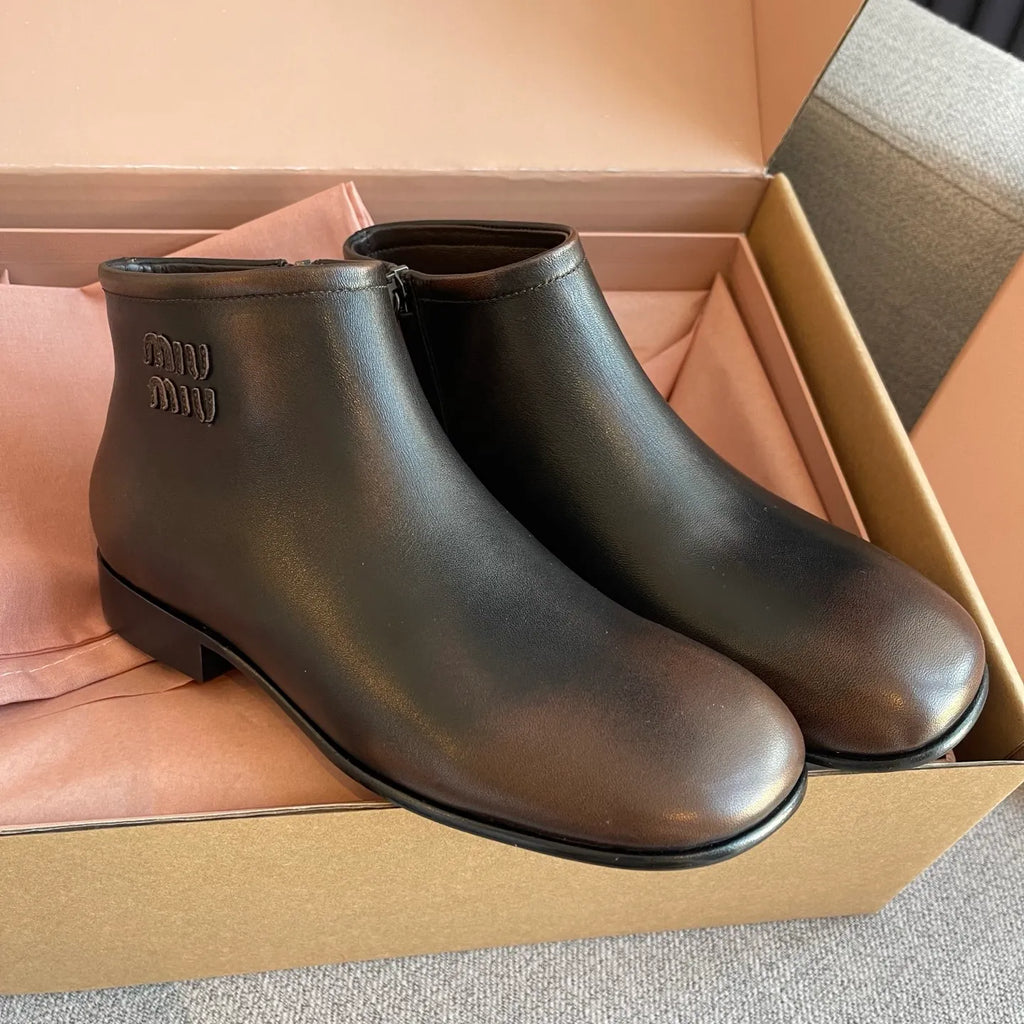 Miu Miu Women's Vintage Distressed Leather Boots 0.8in