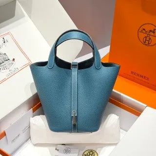 Picotin 18 TC Clemence Leather Bucket Bag Blue Jean