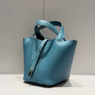 Picotin 18 TC Clemence Leather Bucket Bag Blue Jean
