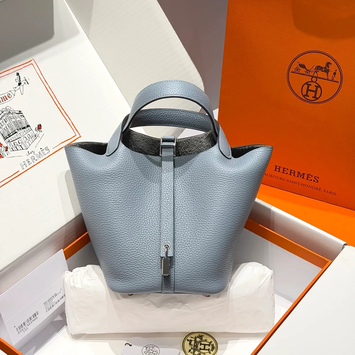 Picotin 18 TC Clemence Leather Bucket Bag Blue Lin