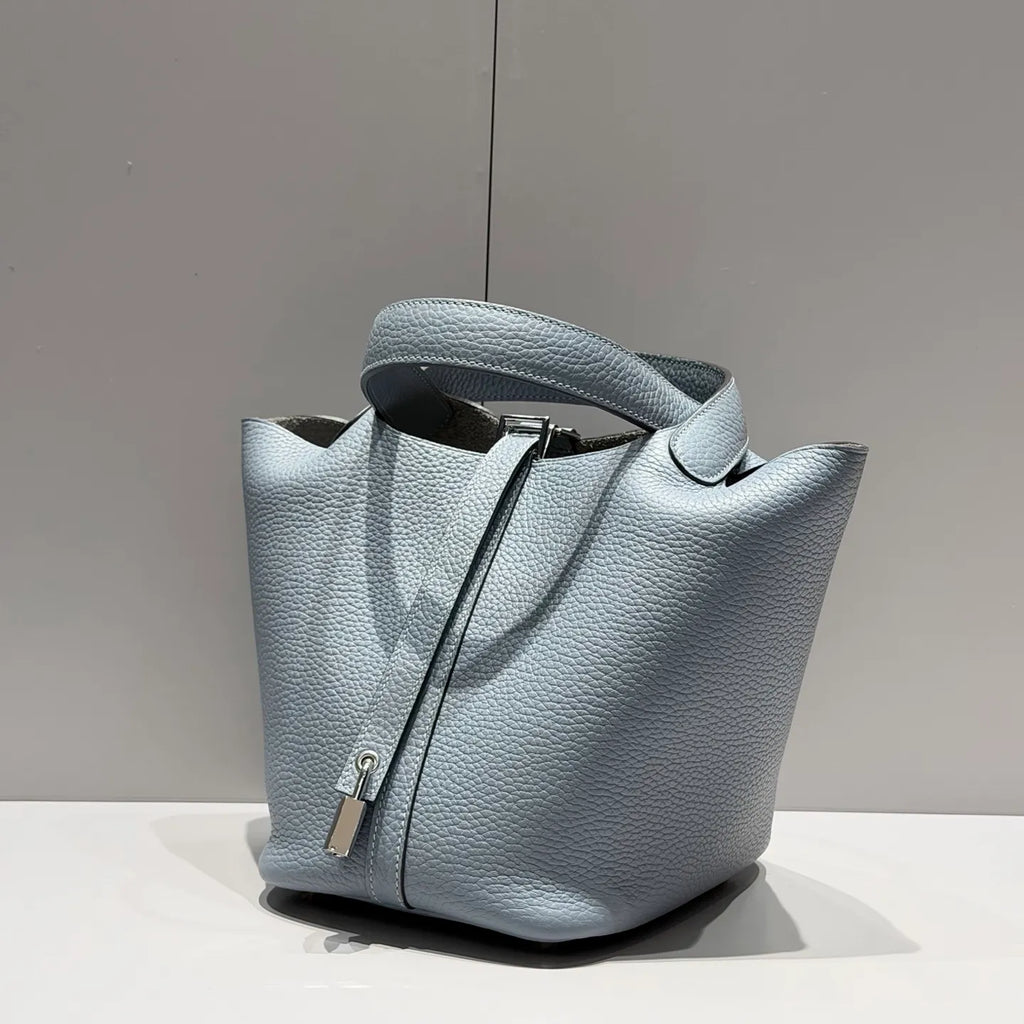 Picotin 18 TC Clemence Leather Bucket Bag Blue Lin