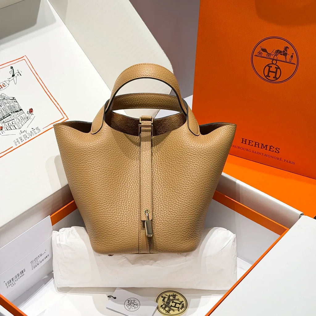 Picotin 18 TC Clemence Leather Bucket Bag Chai Milk Tea