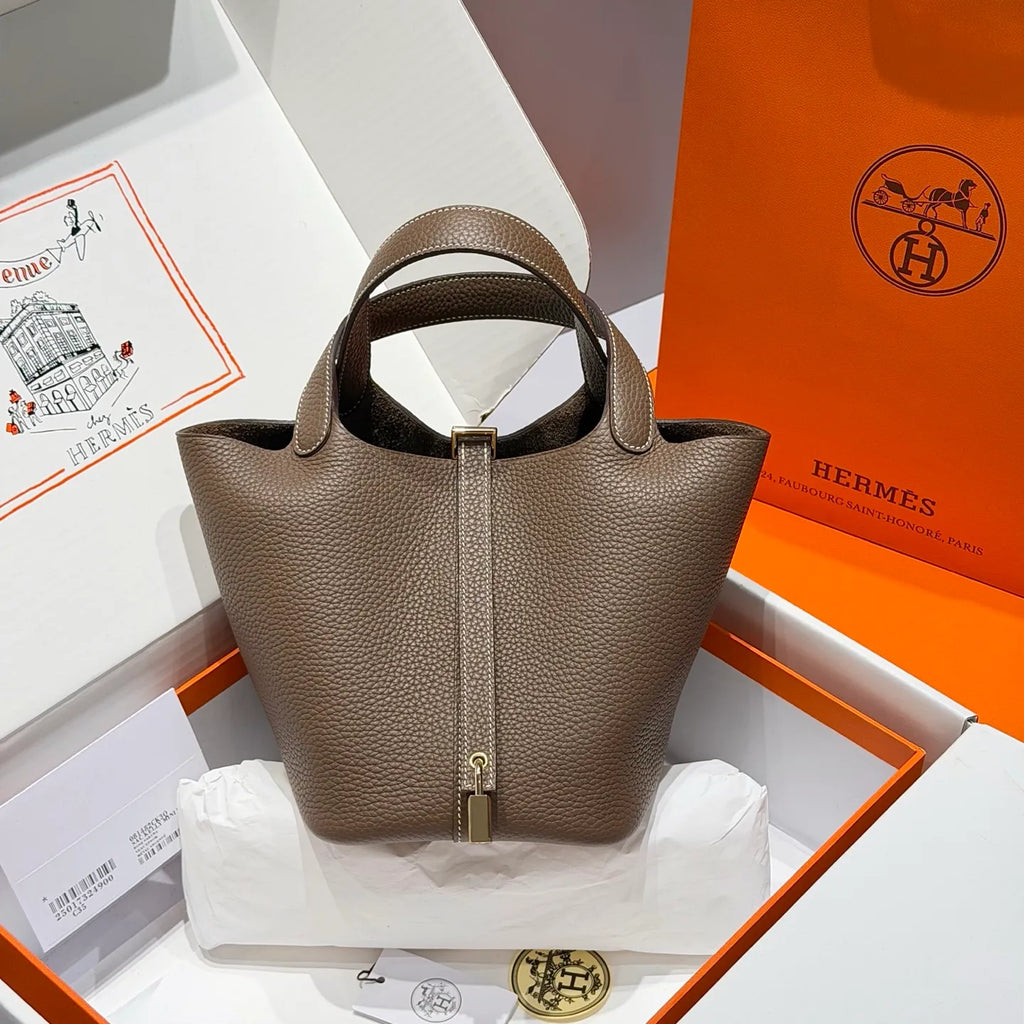 Picotin 18 TC Clemence Leather Bucket Bag Etoupe