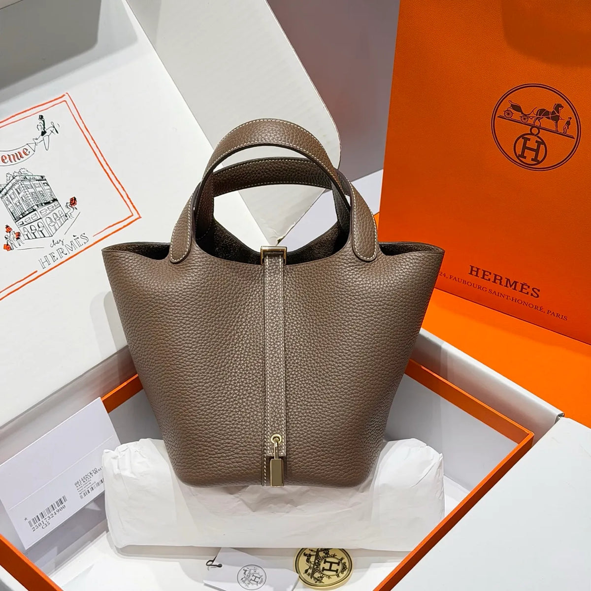 Picotin 18 TC Clemence Leather Bucket Bag Etoupe