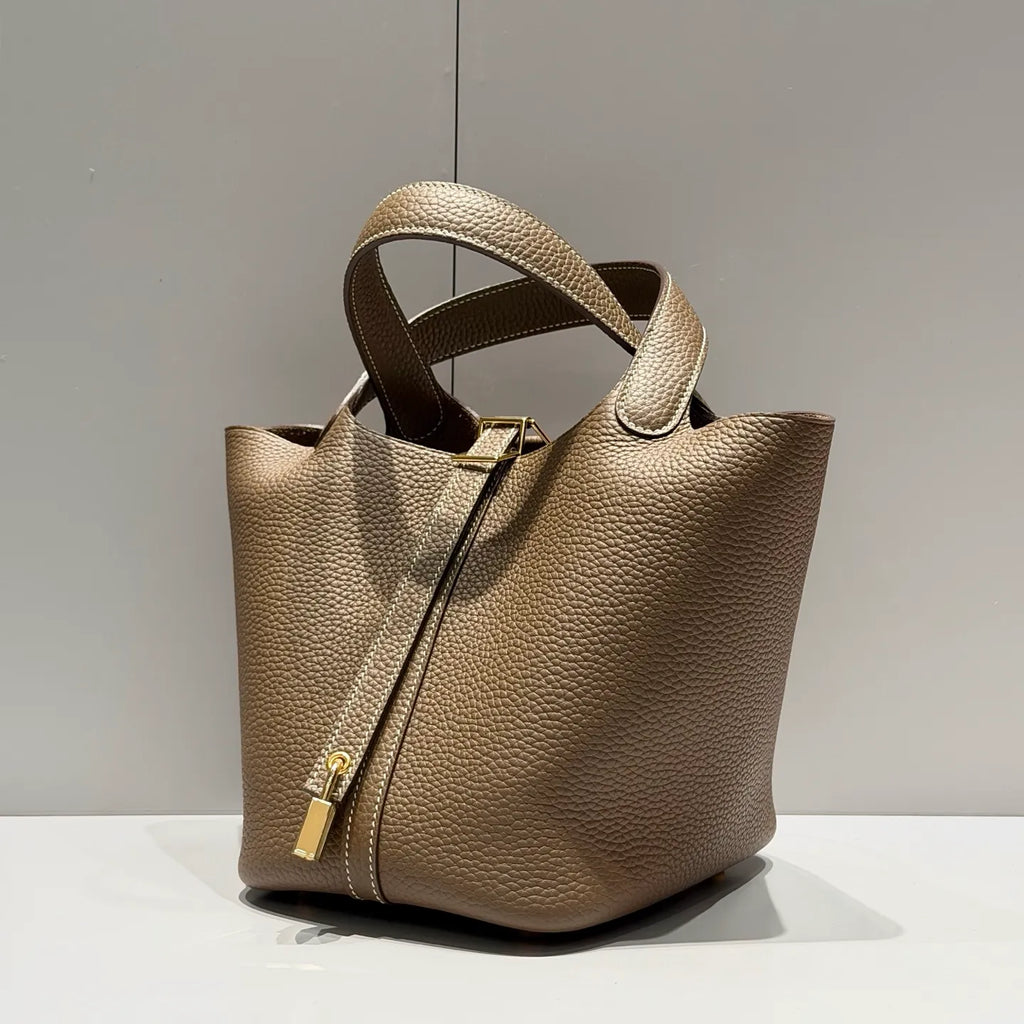 Picotin 18 TC Clemence Leather Bucket Bag Etoupe