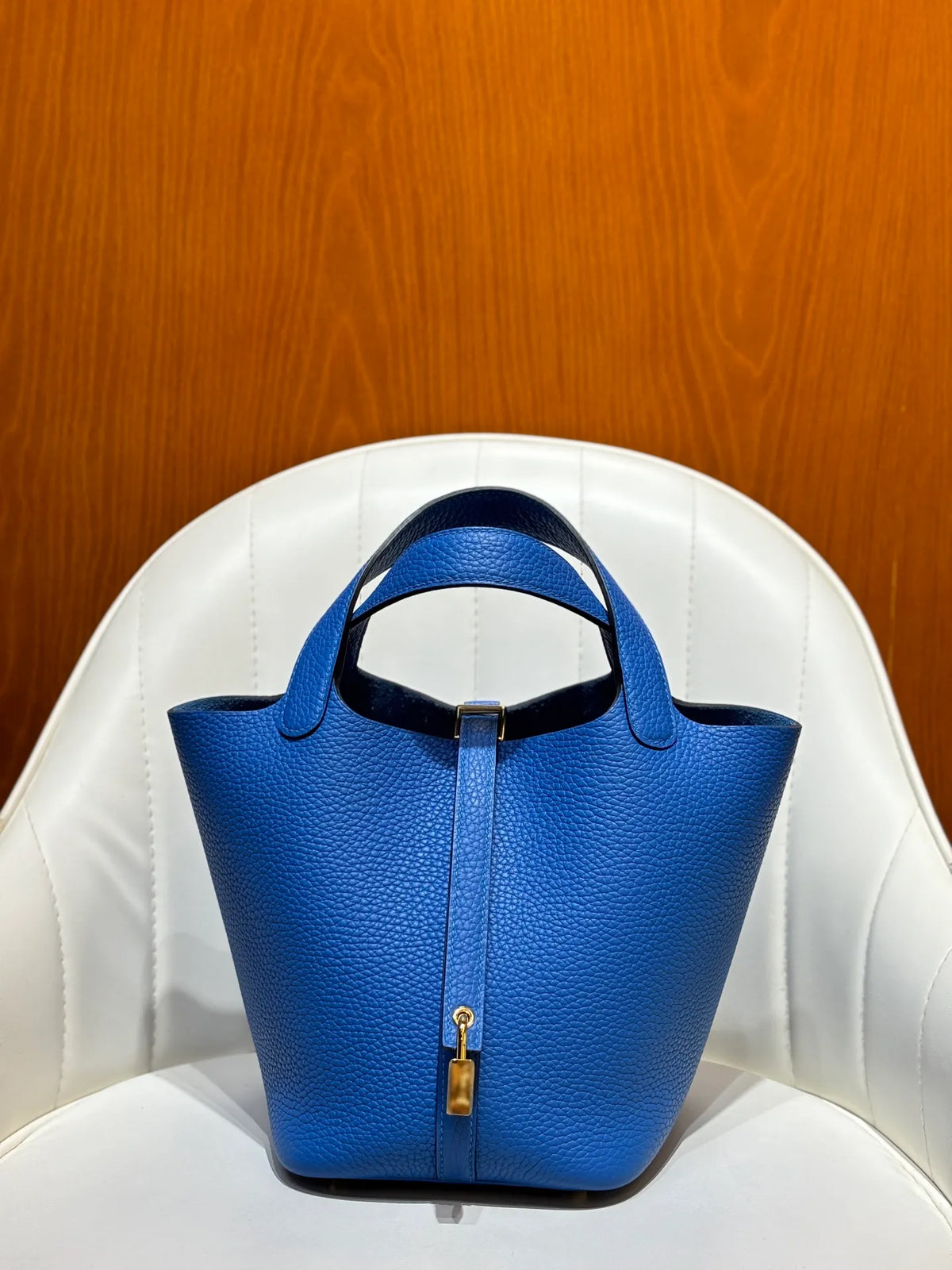 Picotin 18 TC Clemence Leather Bucket Bag French Blue