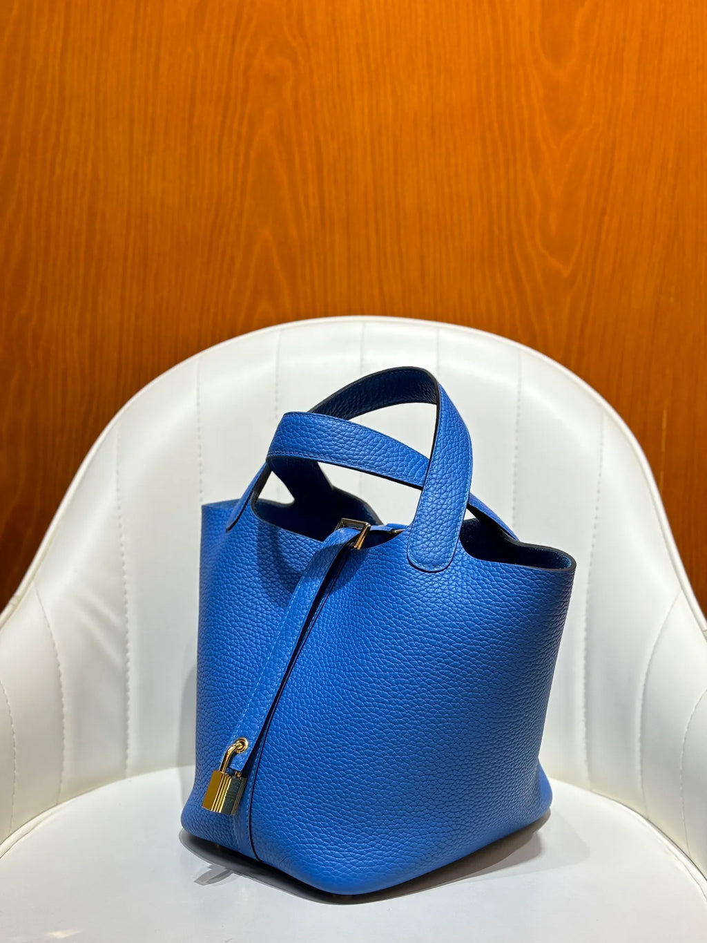 Picotin 18 TC Clemence Leather Bucket Bag French Blue