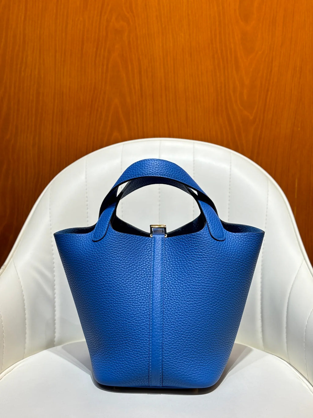Picotin 18 TC Clemence Leather Bucket Bag French Blue