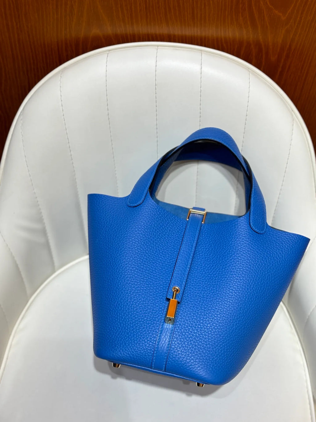 Picotin 18 TC Clemence Leather Bucket Bag French Blue