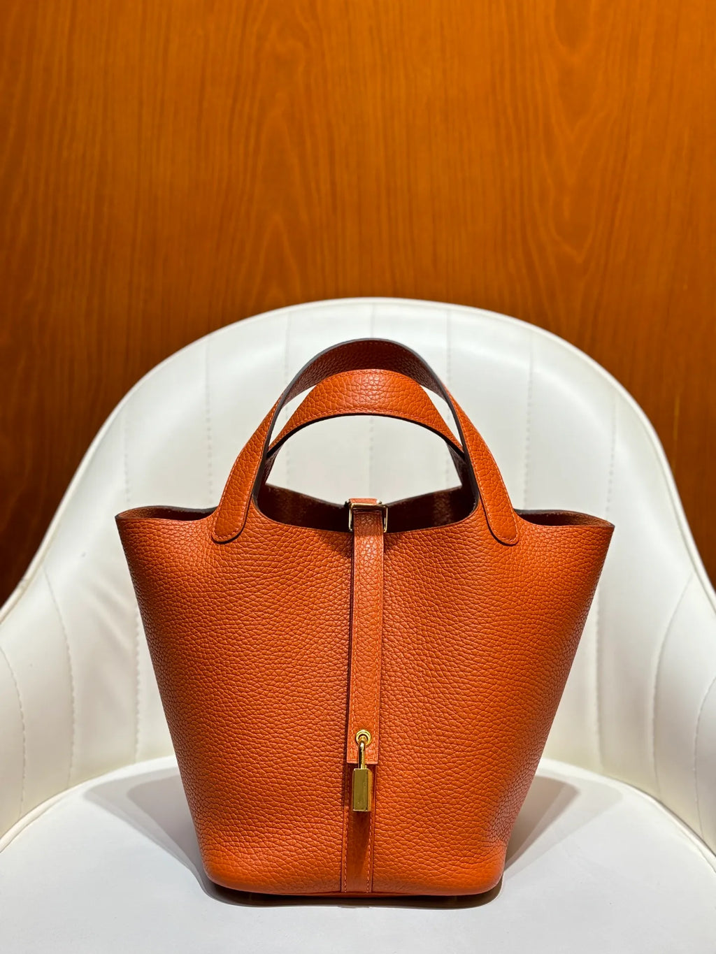 Picotin 18 TC Clemence Leather Bucket Bag Orange