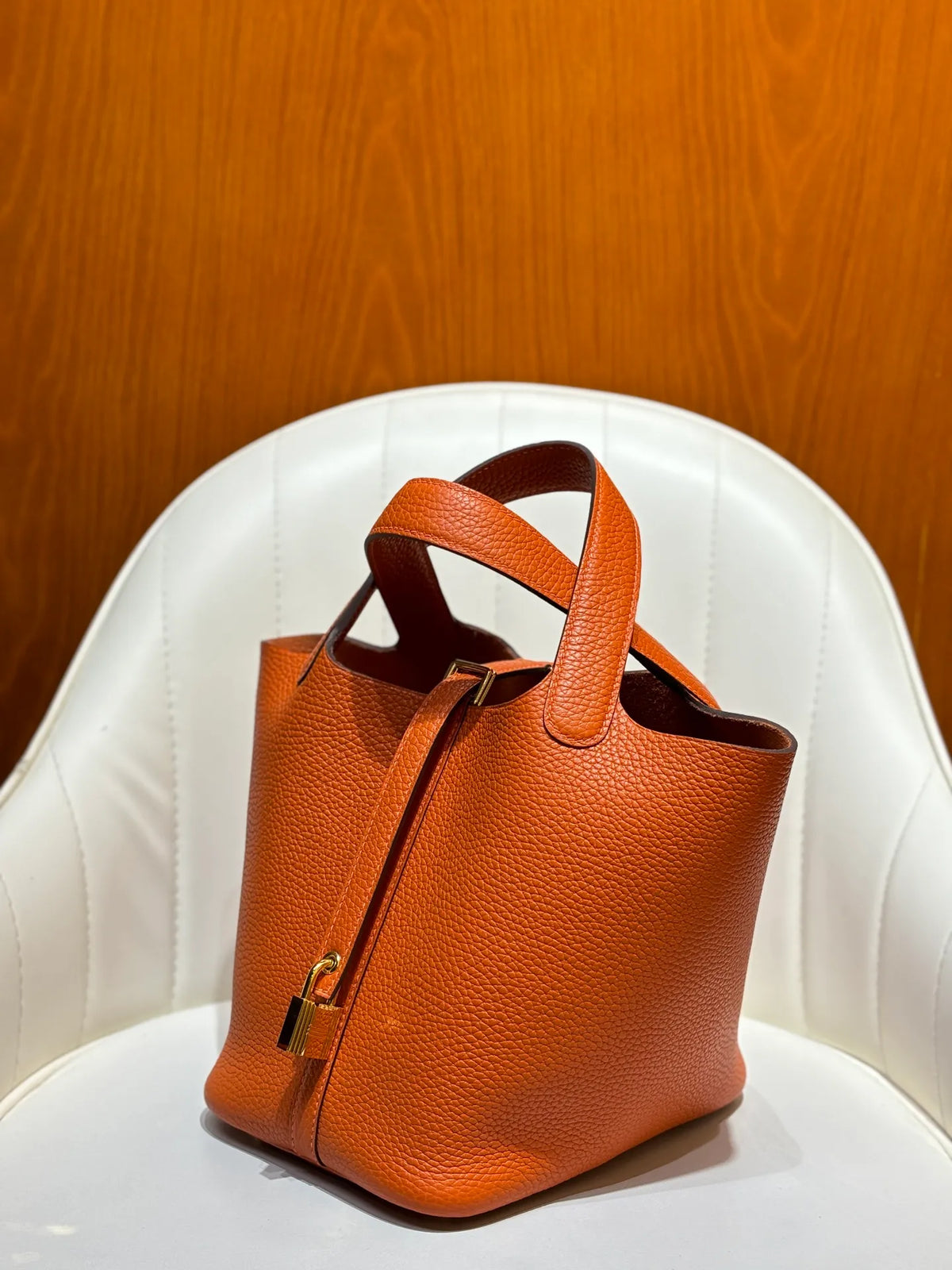 Picotin 18 TC Clemence Leather Bucket Bag Orange