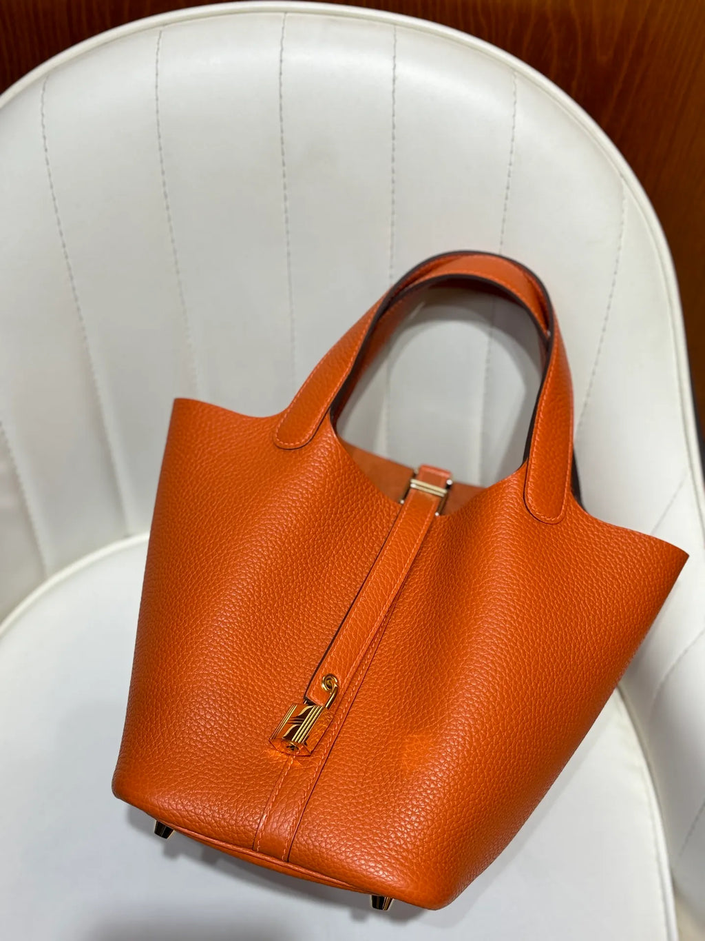 Picotin 18 TC Clemence Leather Bucket Bag Orange
