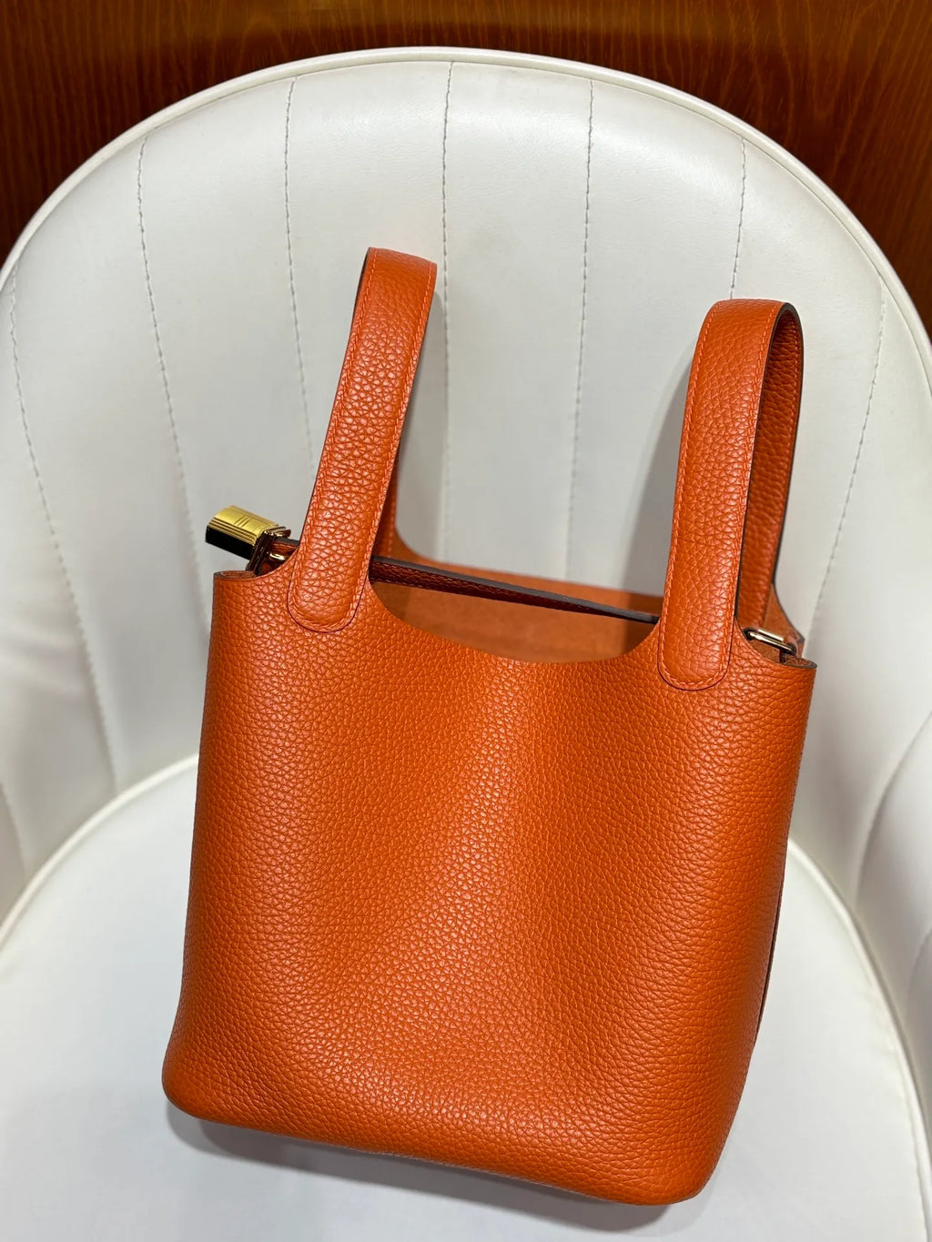 Picotin 18 TC Clemence Leather Bucket Bag Orange