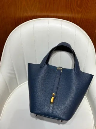 Picotin 18 TC Clemence Leather Bucket Bag Prussian Blue