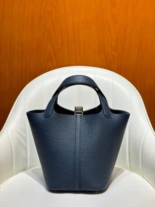 Picotin 18 TC Clemence Leather Bucket Bag Prussian Blue