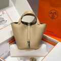 Picotin 18 TC Clemence Leather Bucket Bag Trench Gray