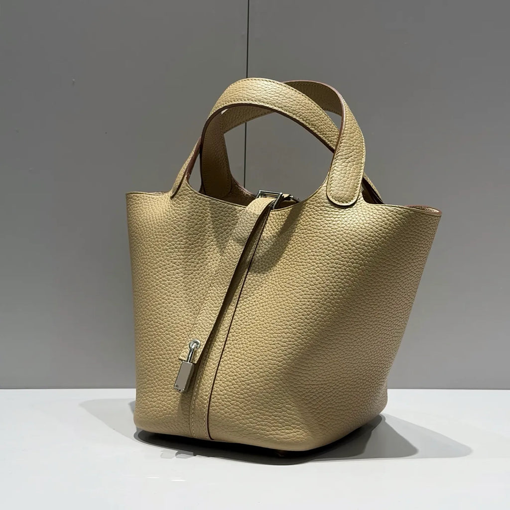 Picotin 18 TC Clemence Leather Bucket Bag Trench Gray