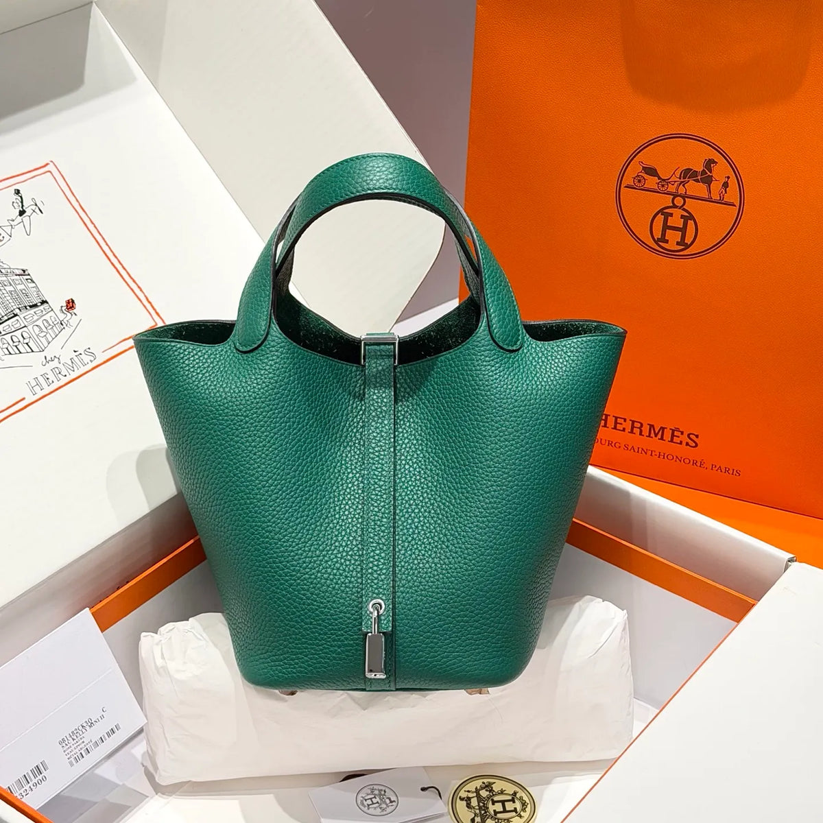 Picotin 18 TC Clemence Leather Bucket Bag Vert Vertigo