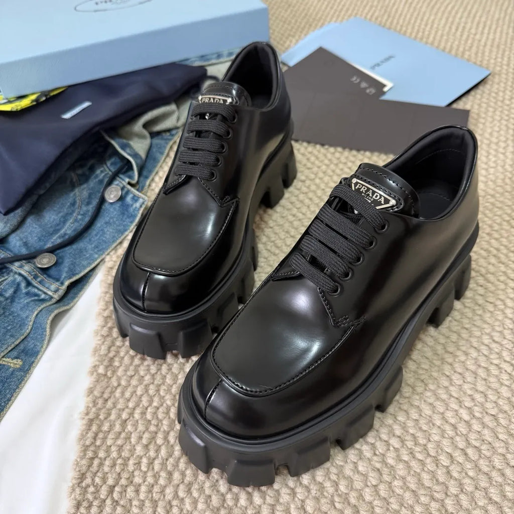 Prada Women's Triangle Logo Loafers Waxed Cowhide 385367