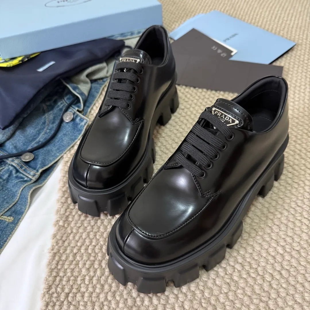 Prada Women's Triangle Logo Loafers Waxed Cowhide 385367