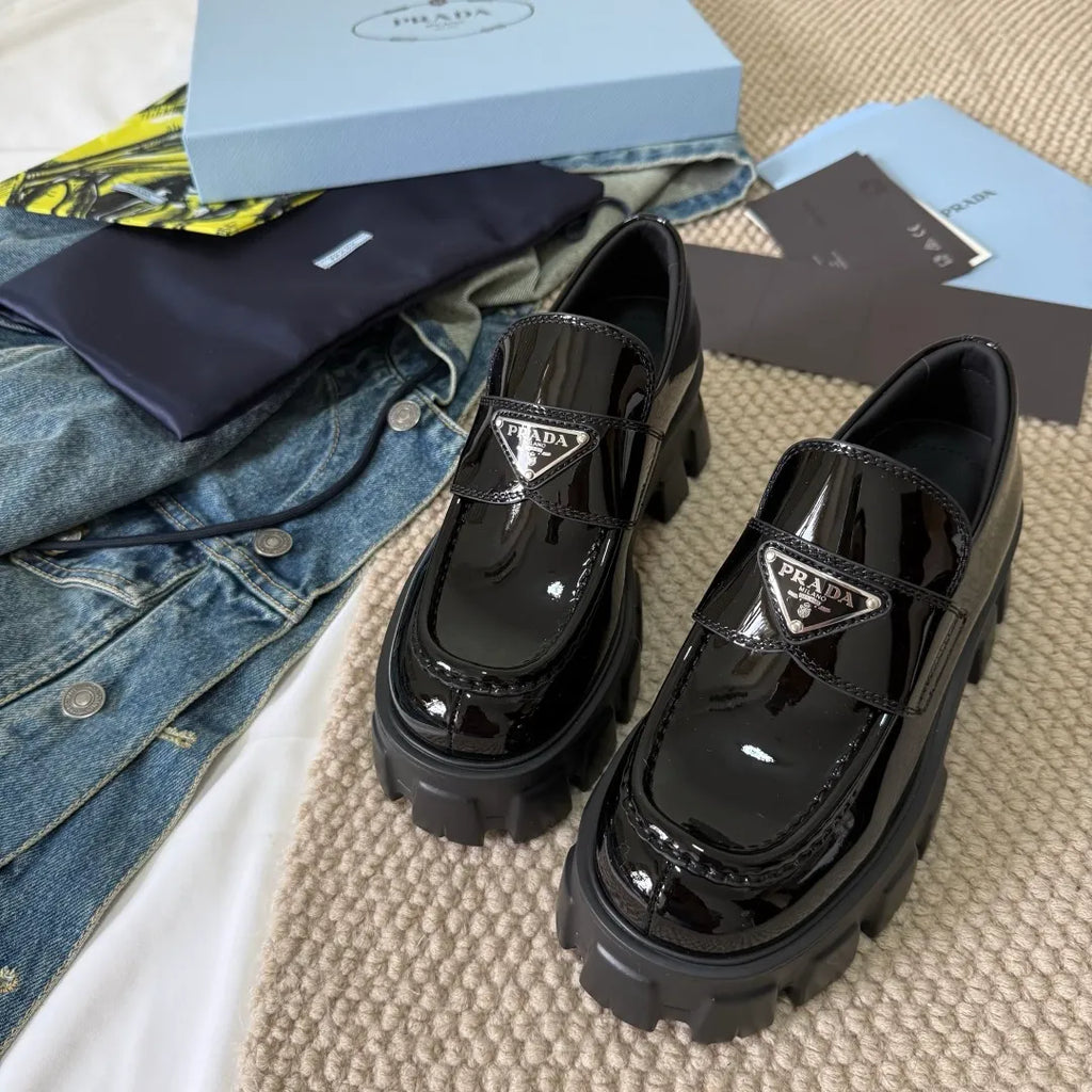 Prada Women's Triangle Logo Loafers Waxed Cowhide 385370