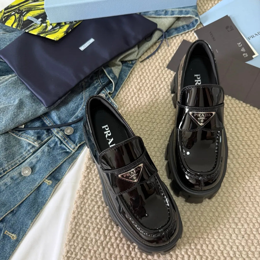 Prada Women's Triangle Logo Loafers Waxed Cowhide 385370