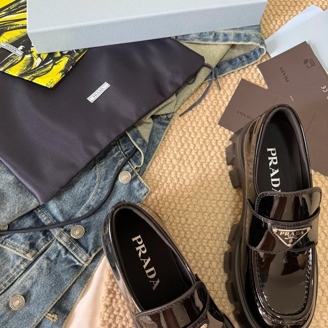 Prada Women's Triangle Logo Loafers Waxed Cowhide 385370