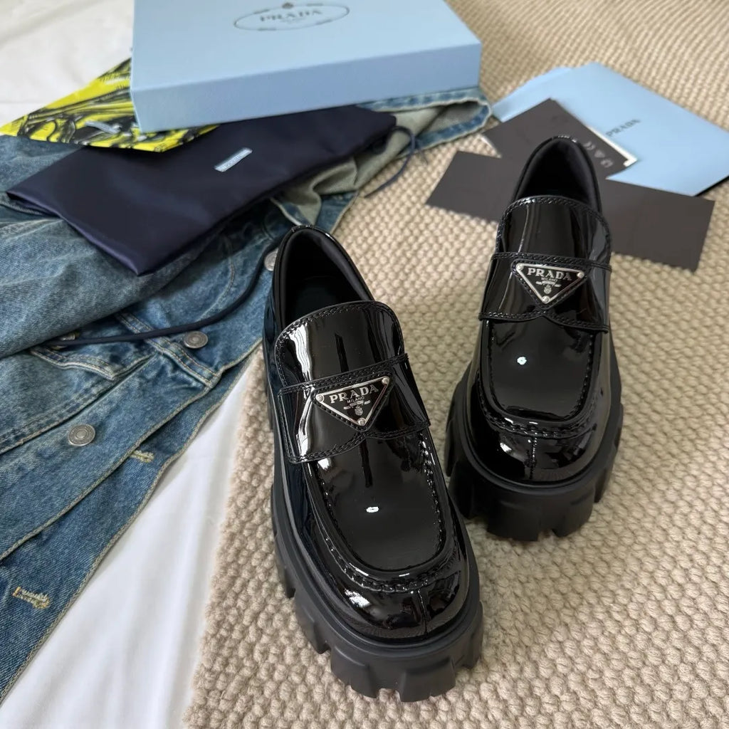 Prada Women's Triangle Logo Loafers Waxed Cowhide 385370